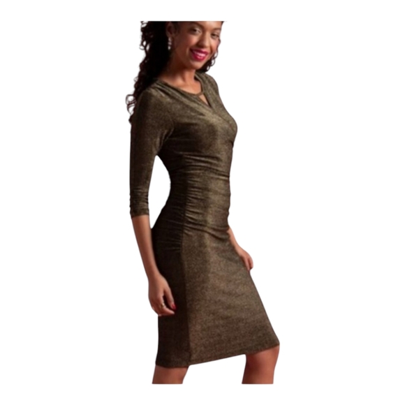Betabrand Dresses & Skirts - 50- Betabrand Wanderlite Gold glitter ruched knee-length cocktail dress sz xl